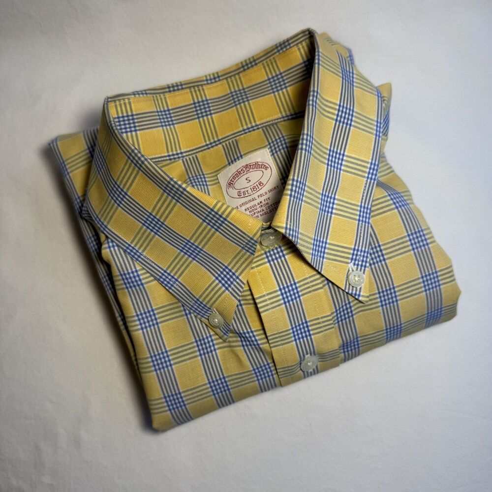 Brooks Brothers Long Sleeve Original Polo Shirt Yellow Plaid Sz S Supima Cotton